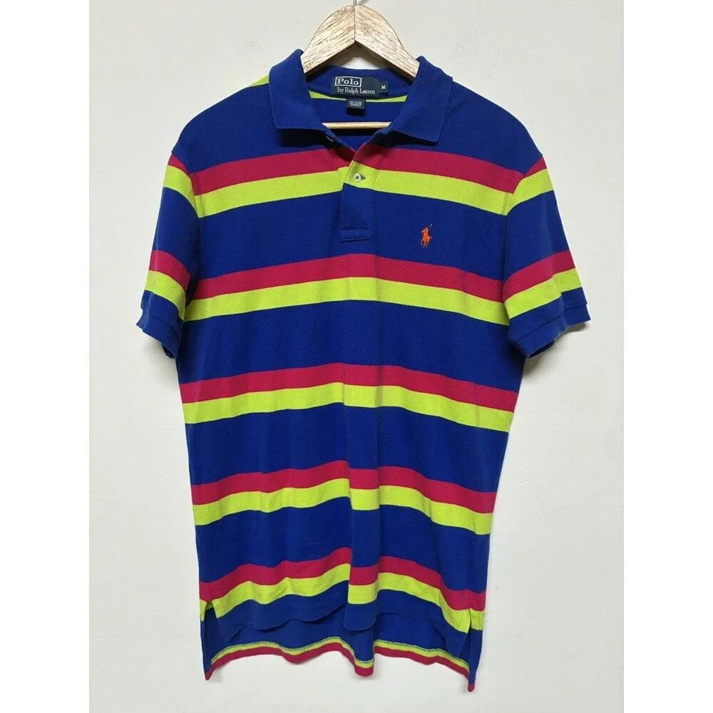 Polo Ralph Lauren Men’s Medium Polo Blue With Bright Red And Yellow Stripes